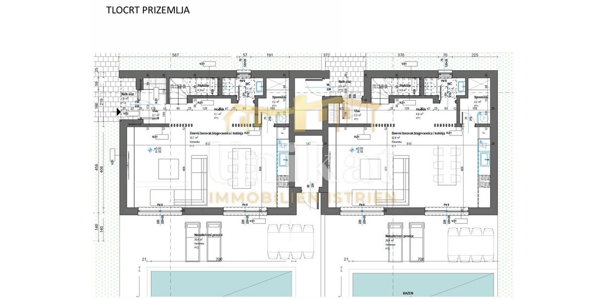 Progetto di nuova costruzione: casa bifamiliare con piscina, 2 camere da letto